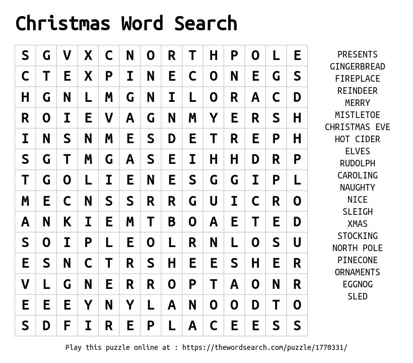 Christmas Eve Word Search 2