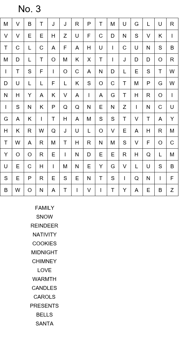 10 Easy Christmas Eve word search for kids size 15x15 No 3