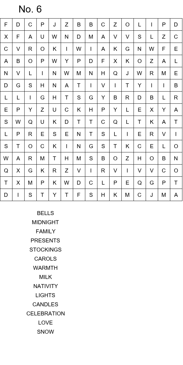 10 Easy Christmas Eve word search for kids size 15x15 No 6