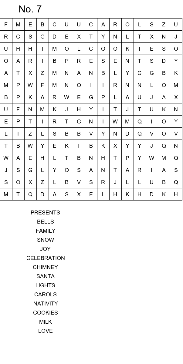 10 Easy Christmas Eve word search for kids size 15x15 No 7