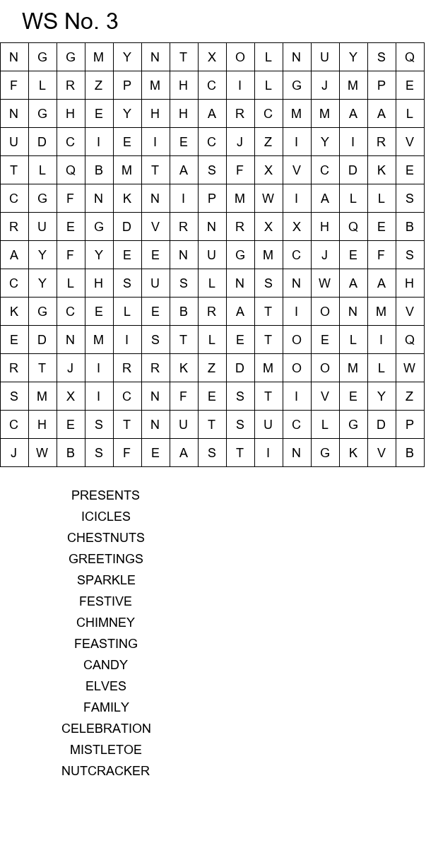 10 Free Christmas word search puzzles for kids size 15x15 No 3