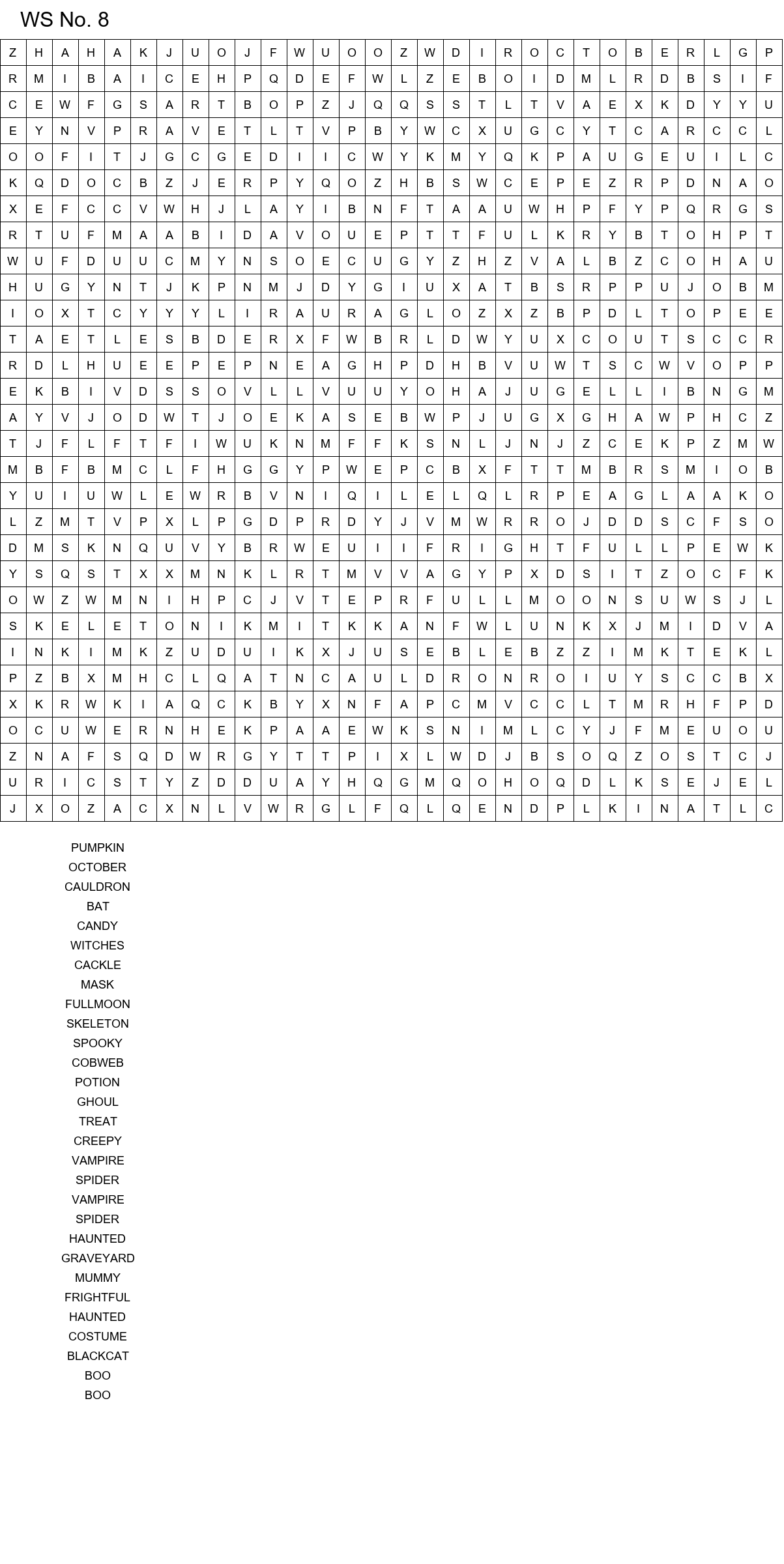 Challenging Halloween word search for adults size 30x30 No 8