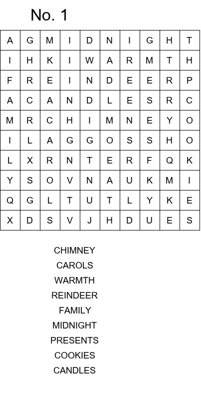 Christmas Eve word search worksheet size 10x10 No 1