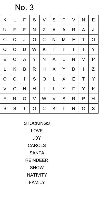 Christmas Eve word search worksheet size 10x10 No 3