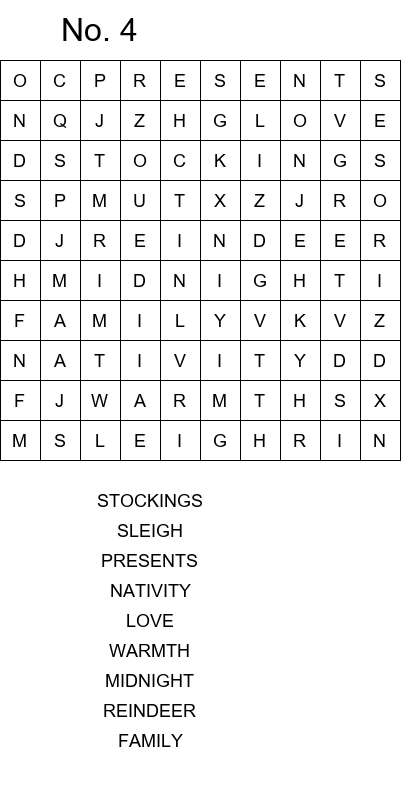 Christmas Eve word search worksheet size 10x10 No 4