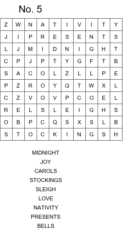 Christmas Eve word search worksheet size 10x10 No 5