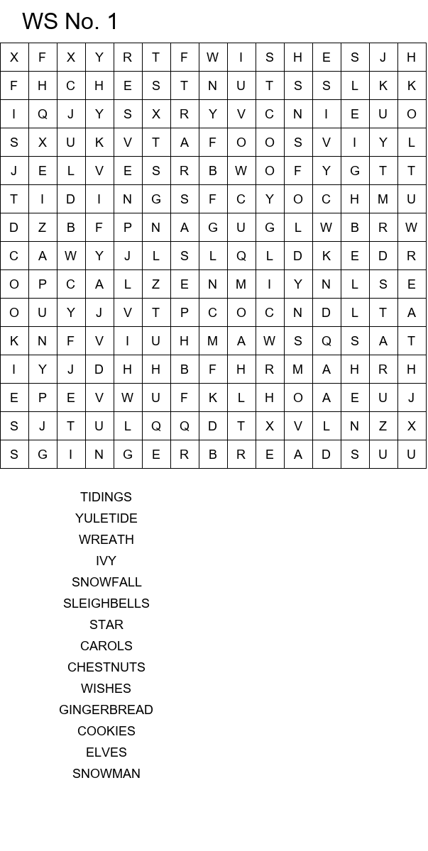 Easy Christmas word search worksheets size 15x15 No 1