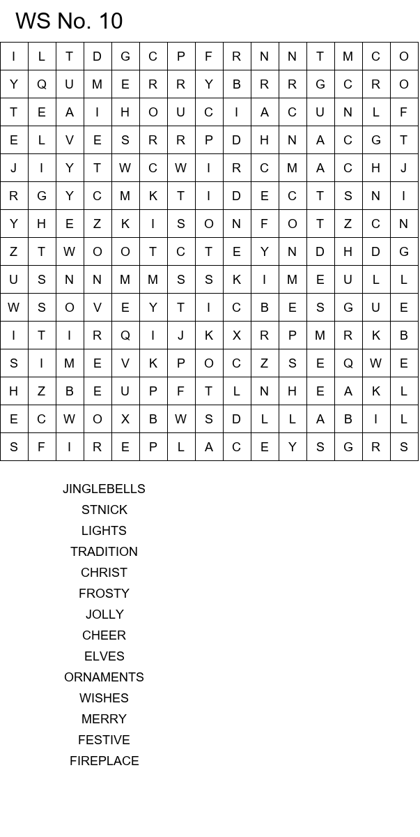 Easy Christmas word search worksheets size 15x15 No 10