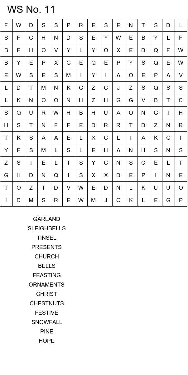 Easy Christmas word search worksheets size 15x15 No 11