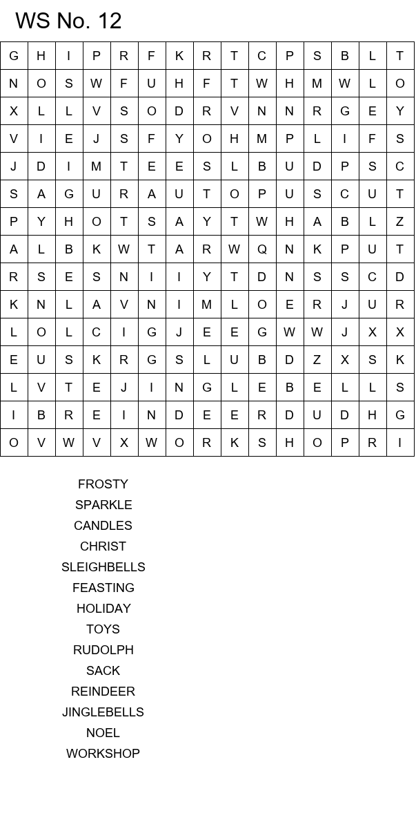 Easy Christmas word search worksheets size 15x15 No 12