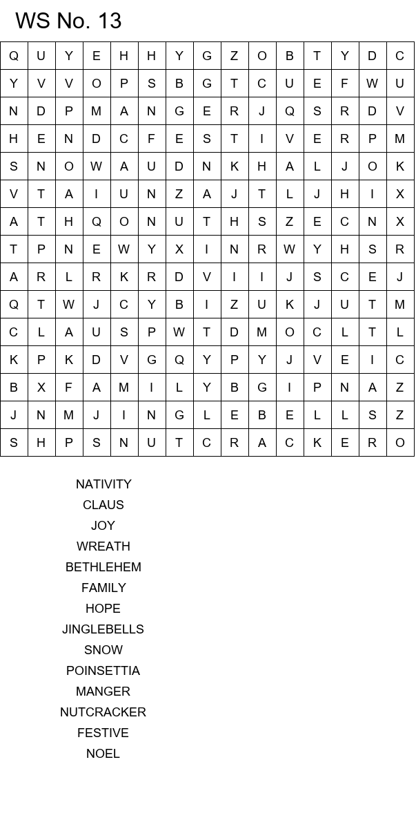 Easy Christmas word search worksheets size 15x15 No 13