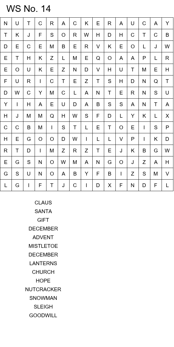 Easy Christmas word search worksheets size 15x15 No 14