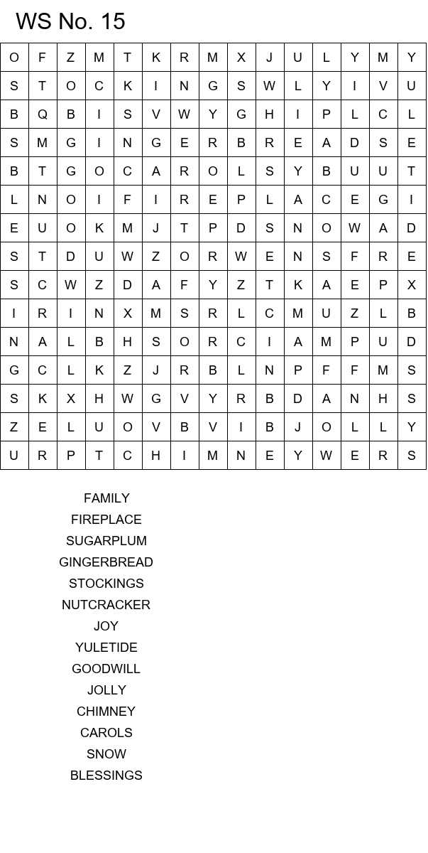 Easy Christmas word search worksheets size 15x15 No 15