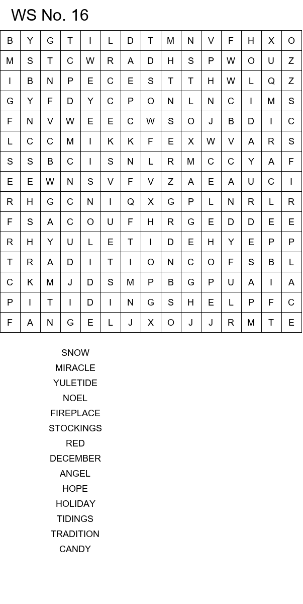 Easy Christmas word search worksheets size 15x15 No 16