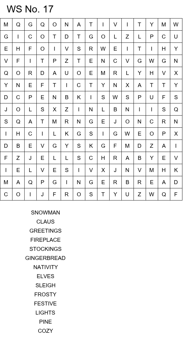 Easy Christmas word search worksheets size 15x15 No 17