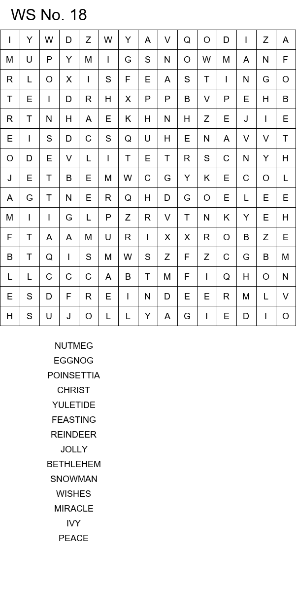Easy Christmas word search worksheets size 15x15 No 18