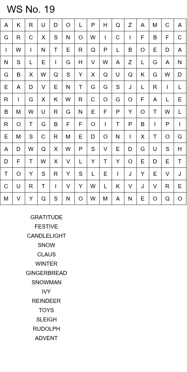 Easy Christmas word search worksheets size 15x15 No 19