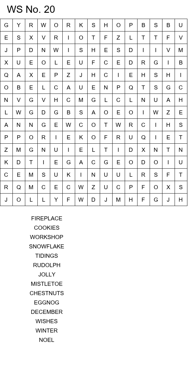 Easy Christmas word search worksheets size 15x15 No 20