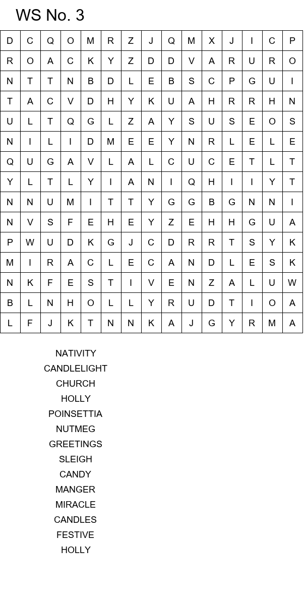 Easy Christmas word search worksheets size 15x15 No 3