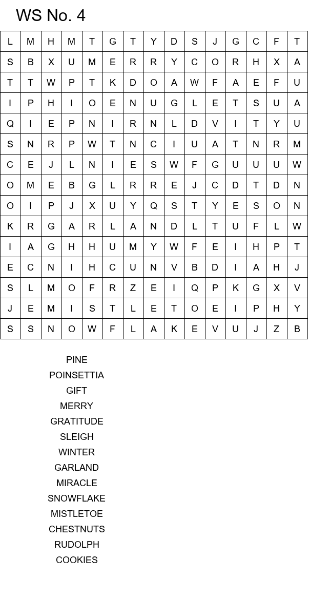 Easy Christmas word search worksheets size 15x15 No 4