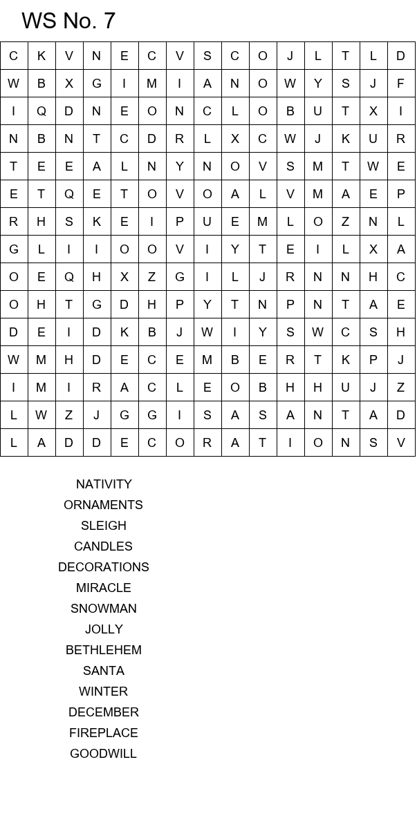 Easy Christmas word search worksheets size 15x15 No 7