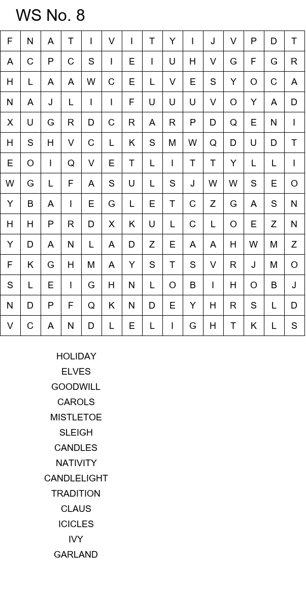 Easy Christmas word search worksheets size 15x15 No 8