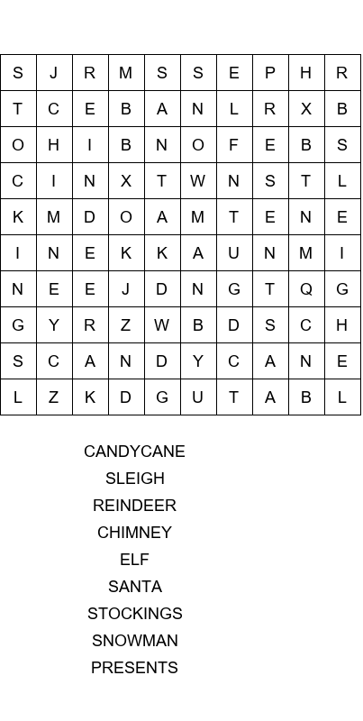 Easy to hard Christmas word search puzzles size 10x10