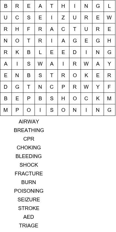 FIRST AID CPR WORD SEARCH ANSWERS SIZE 10x10
