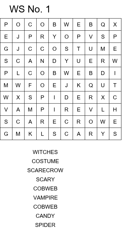 Free online Halloween word search games size 10x10 No 1