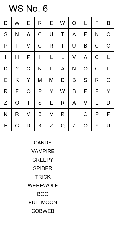 Free online Halloween word search games size 10x10 No 6