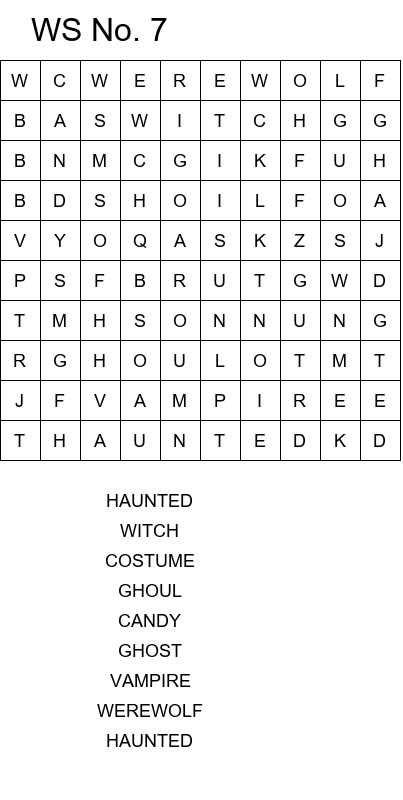 Free online Halloween word search games size 10x10 No 7