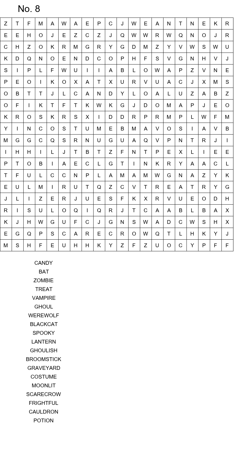 Halloween word search for middle school size 20x20 No 8