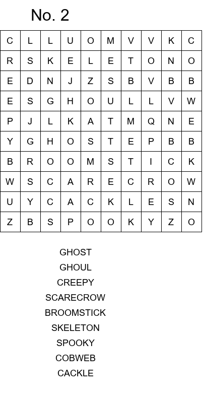 Halloween word search for preschoolers size 10x10 No 2