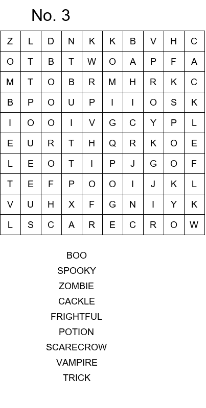 Halloween word search for preschoolers size 10x10 No 3