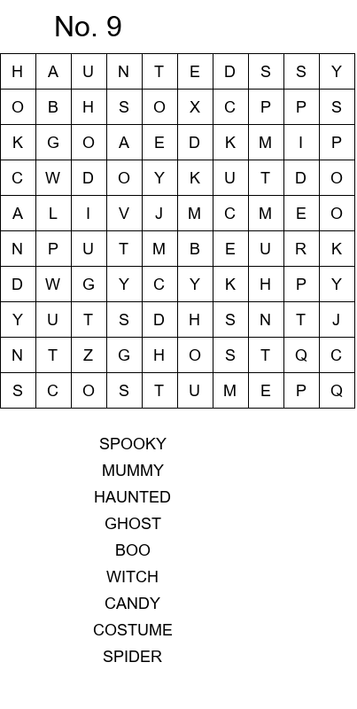 Halloween word search for preschoolers size 10x10 No 9