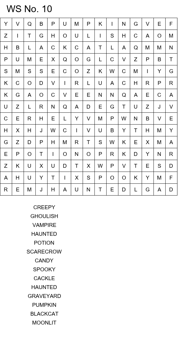 Halloween word search puzzles for kids 8-10 years old size 15x15 No 10