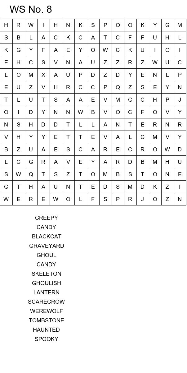Halloween word search puzzles for kids 8-10 years old size 15x15 No 8