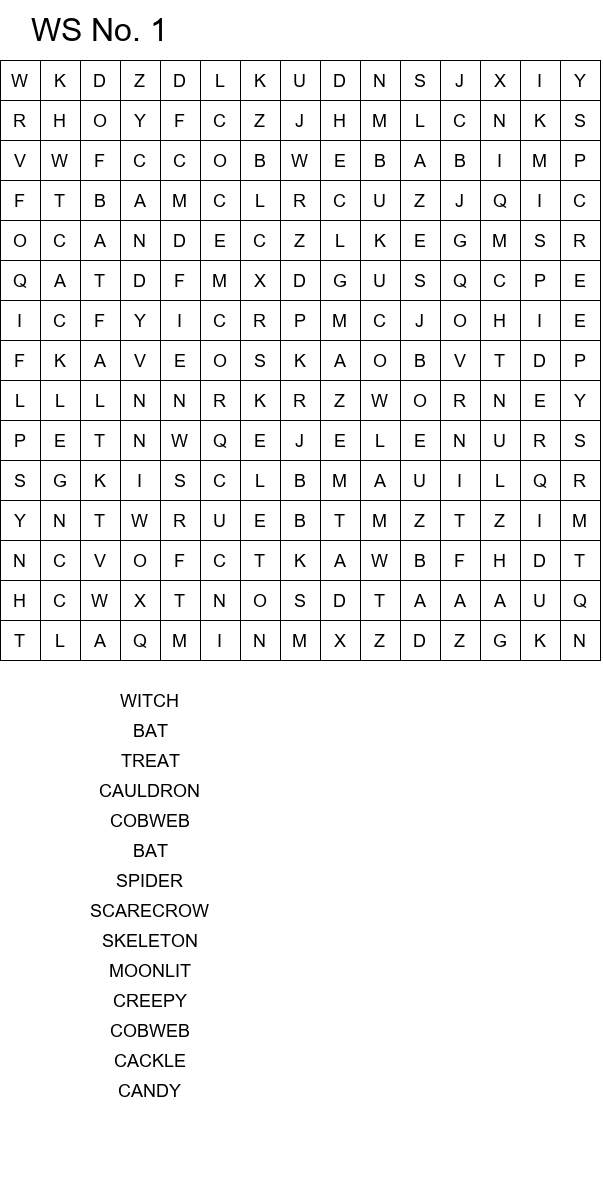 Halloween word search worksheets for kids size 15x15 No 1