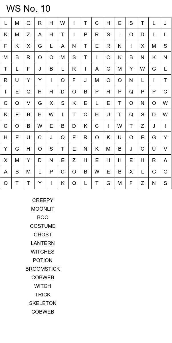 Halloween word search worksheets for kids size 15x15 No 10