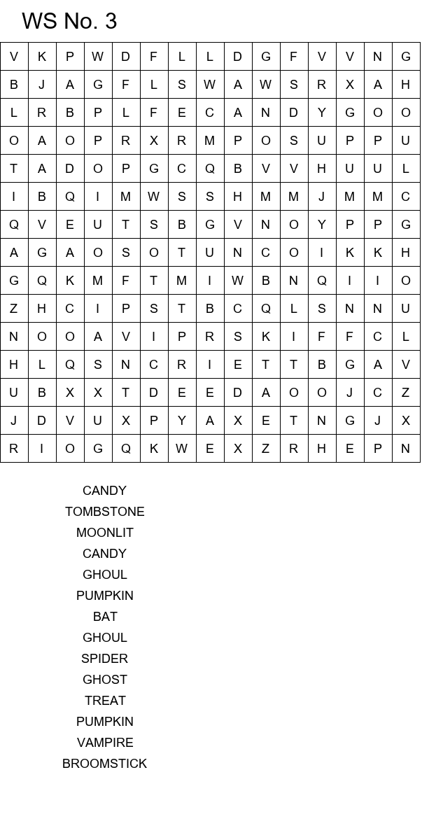 Halloween word search worksheets for kids size 15x15 No 3