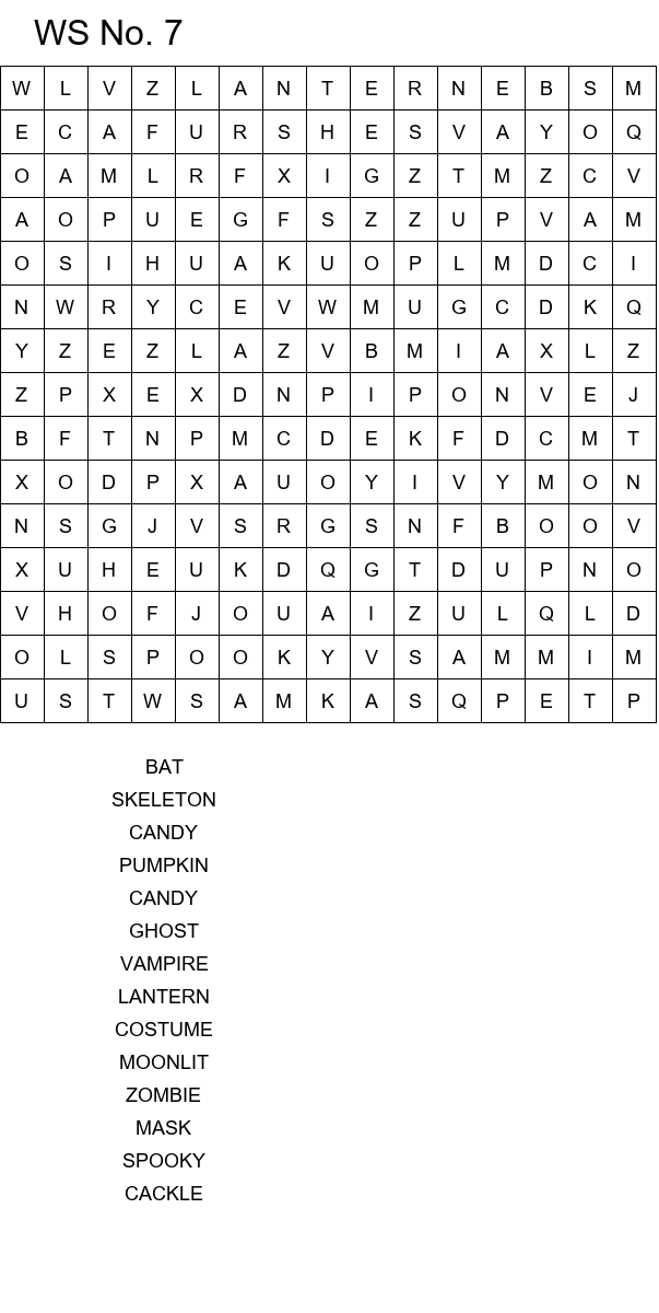 Halloween word search worksheets for kids size 15x15 No 7