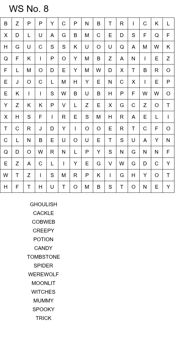Halloween word search worksheets for kids size 15x15 No 8
