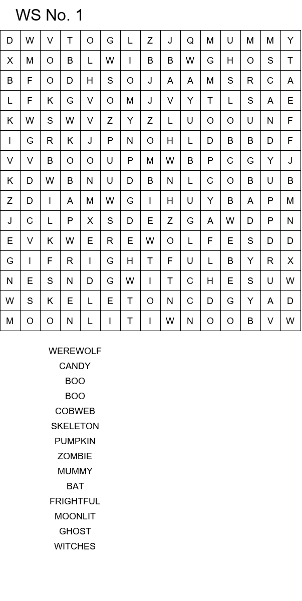 Halloween word search worksheets for school size 15x15 No 1