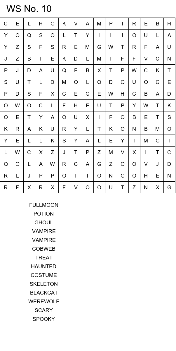 Halloween word search worksheets for school size 15x15 No 10