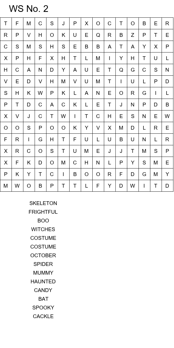 Halloween word search worksheets for school size 15x15 No 2
