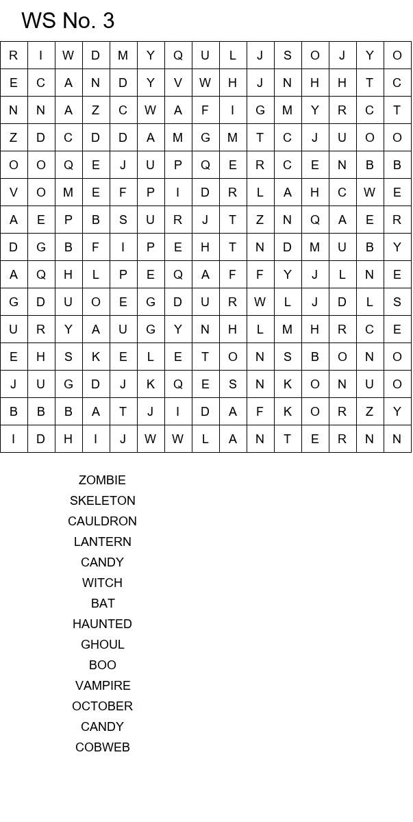 Halloween word search worksheets for school size 15x15 No 3