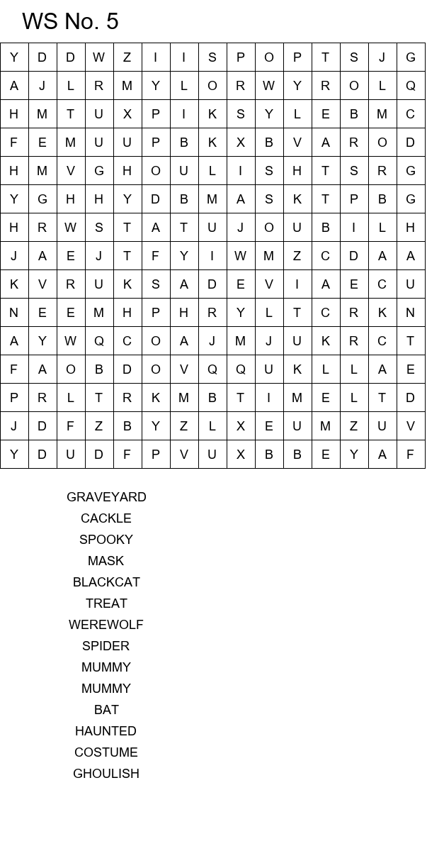 Halloween word search worksheets for school size 15x15 No 5