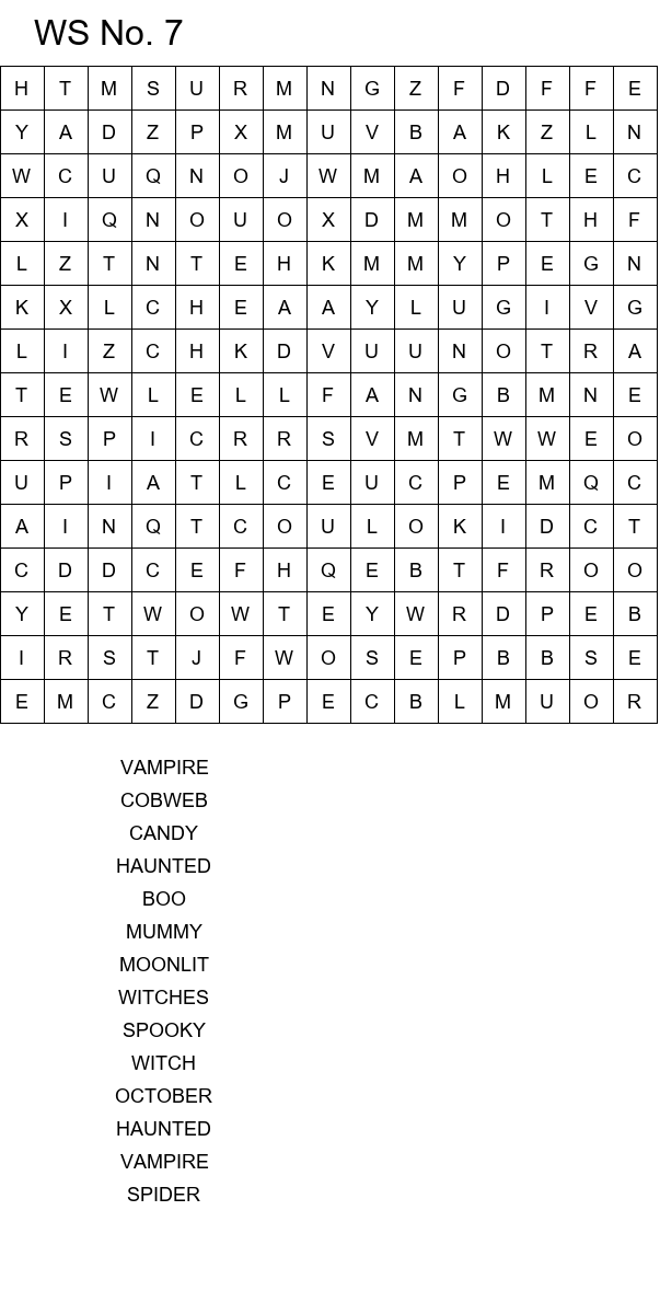 Halloween word search worksheets for school size 15x15 No 7