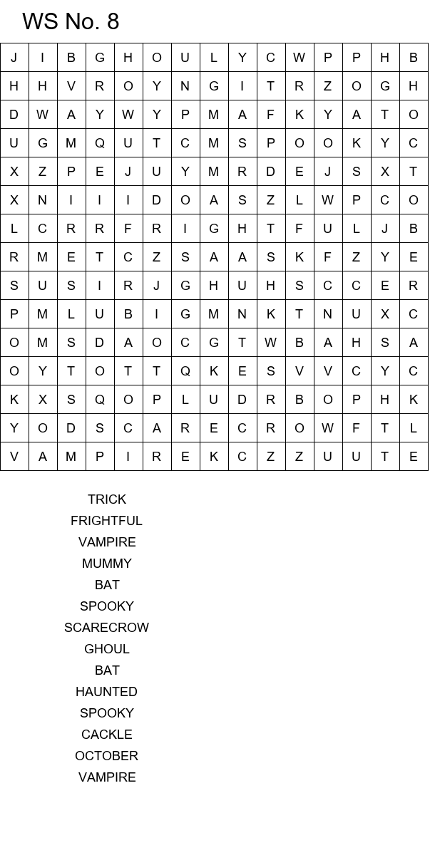 Halloween word search worksheets for school size 15x15 No 8