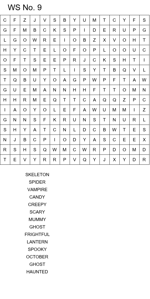 Halloween word search worksheets for school size 15x15 No 9